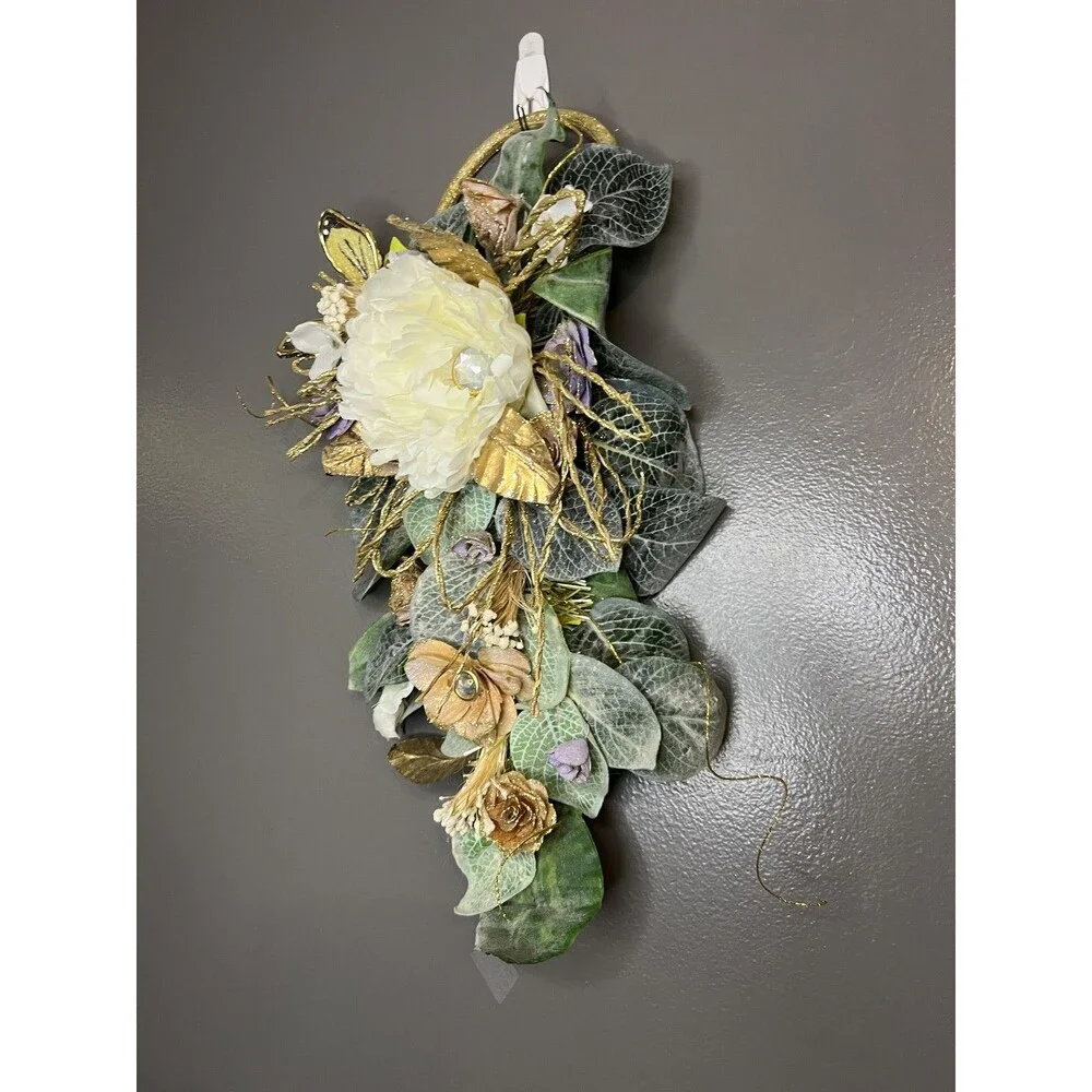 Elegant Floral Wall Hanging Door Swag Decor Faux Flower Gold Accents 21 Inch Art